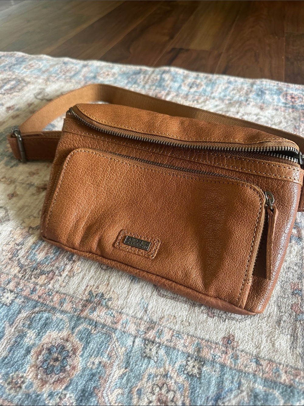 Tan Leather Belt Bag with Front Zip Pocket spikes and sparrow